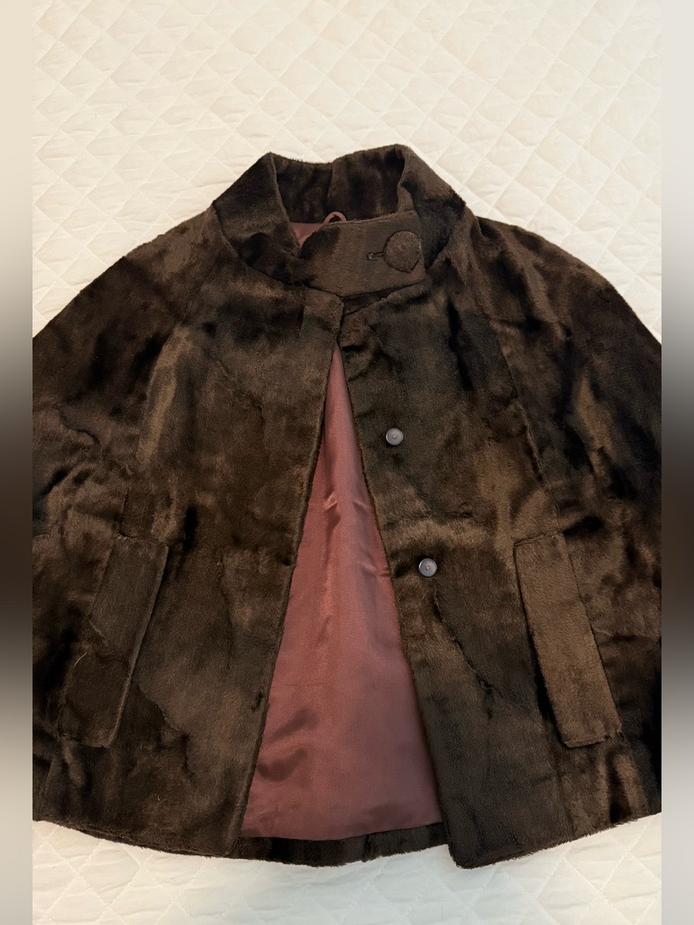 Vintage Women’s Dark Brown Faux Fur Cape-Classic Short w/Arm Slits made in Tokyo